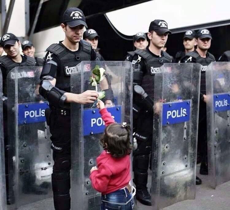 The meme is a photo of a child holding up a flower to a police officer, who is standing behind a riot shield. The text "I can smell the desperation" appears in the image. The image is a humorous commentary on the contrast between the child's innocent gesture and the police officer's intimidating presence.